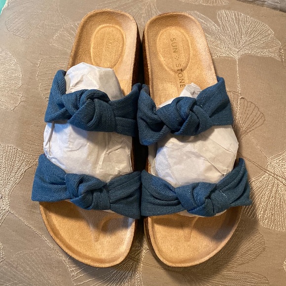Sun + Stone Denim Sandals 8M women’s slides “Astridd” Denim - Picture 2 of 11